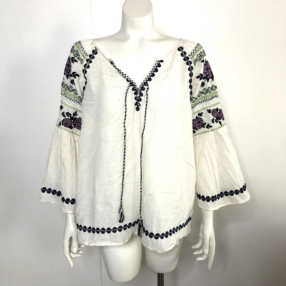 Suno 12 Smock Peasant Embroidered Pullover Button Top Blouse Off White